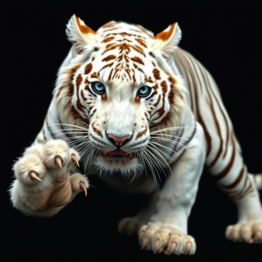 A powerful white tiger with striking blue eyes, set against a deep black background