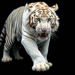 A powerful white tiger with striking blue eyes, set against a deep black background