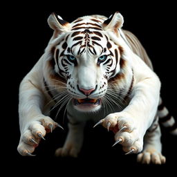 A powerful white tiger with striking blue eyes, set against a deep black background