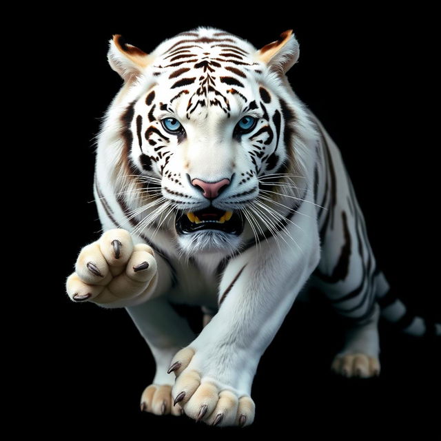 A powerful white tiger with striking blue eyes, set against a deep black background