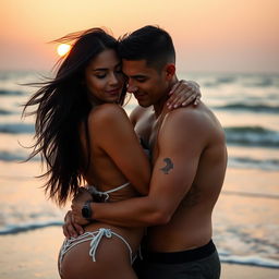 A beautiful woman with black hair wearing beach attire, embracing a tanned young man on the beach, exuding a romantic atmosphere