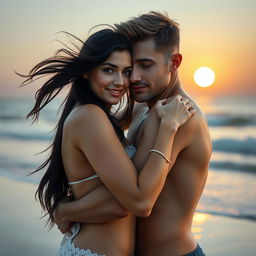 A beautiful woman with black hair wearing beach attire, embracing a tanned young man on the beach, exuding a romantic atmosphere