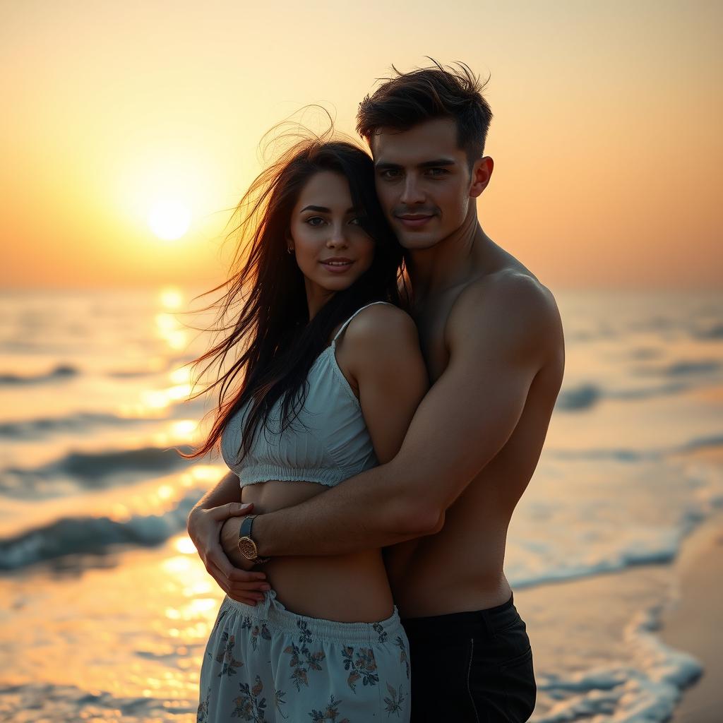 A beautiful woman with black hair wearing beach attire, embracing a tanned young man on the beach, exuding a romantic atmosphere