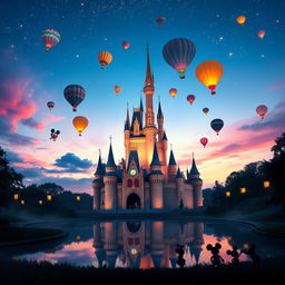 A magical Disney castle at twilight, surrounded by shimmering stars and glowing lanterns