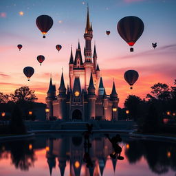 A magical Disney castle at twilight, surrounded by shimmering stars and glowing lanterns