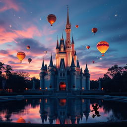 A magical Disney castle at twilight, surrounded by shimmering stars and glowing lanterns