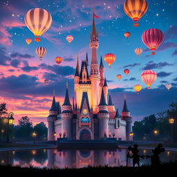 A magical Disney castle at twilight, surrounded by shimmering stars and glowing lanterns