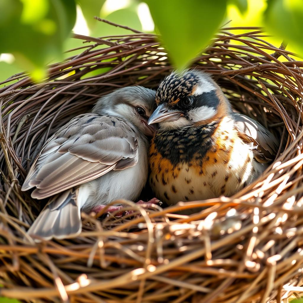 A sparrow appears faint and unconscious in a Myna's nest, its wings lightly drooping and eyes closing