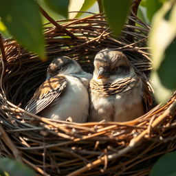 A sparrow appears faint and unconscious in a Myna's nest, its wings lightly drooping and eyes closing