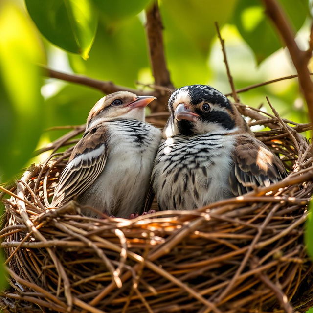 A sparrow appears faint and unconscious in a Myna's nest, its wings lightly drooping and eyes closing