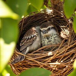 A sparrow appears faint and unconscious in a Myna's nest, its wings lightly drooping and eyes closing