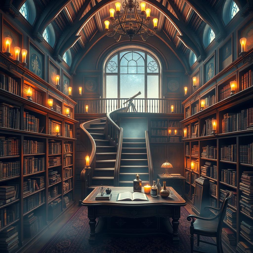 A magical library designed for a horizontal display on a PC screen, filled with ancient tomes, glowing scrolls, and floating magical artifacts