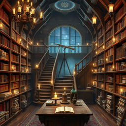 A magical library designed for a horizontal display on a PC screen, filled with ancient tomes, glowing scrolls, and floating magical artifacts