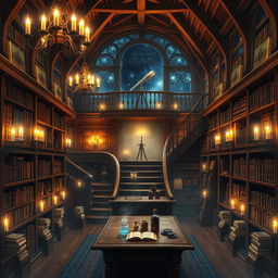 A magical library designed for a horizontal display on a PC screen, filled with ancient tomes, glowing scrolls, and floating magical artifacts