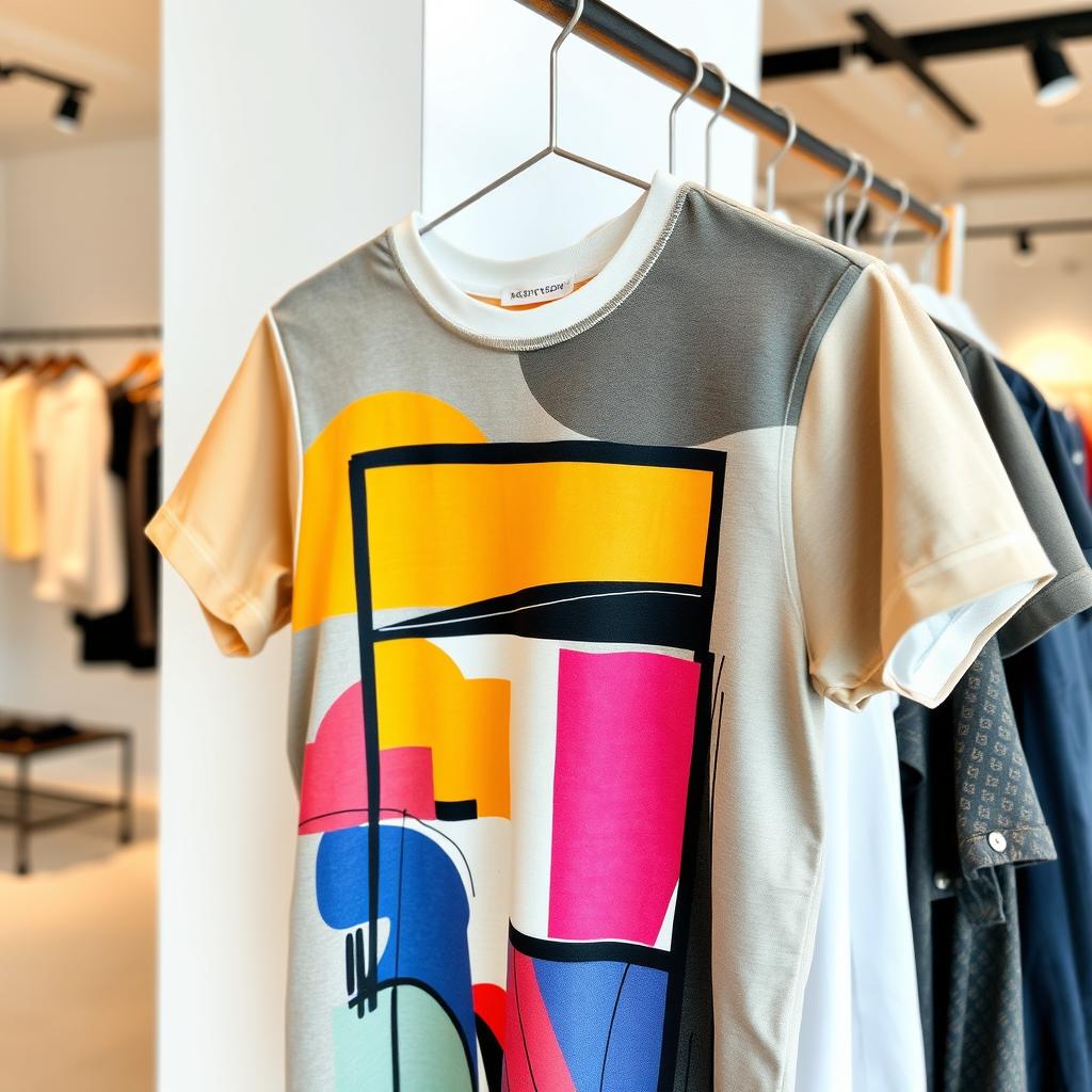 A stylish and trendy T-shirt displayed on a rack, showcasing its unique design and vibrant colors