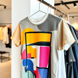 A stylish and trendy T-shirt displayed on a rack, showcasing its unique design and vibrant colors