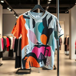 A stylish and trendy T-shirt displayed on a rack, showcasing its unique design and vibrant colors