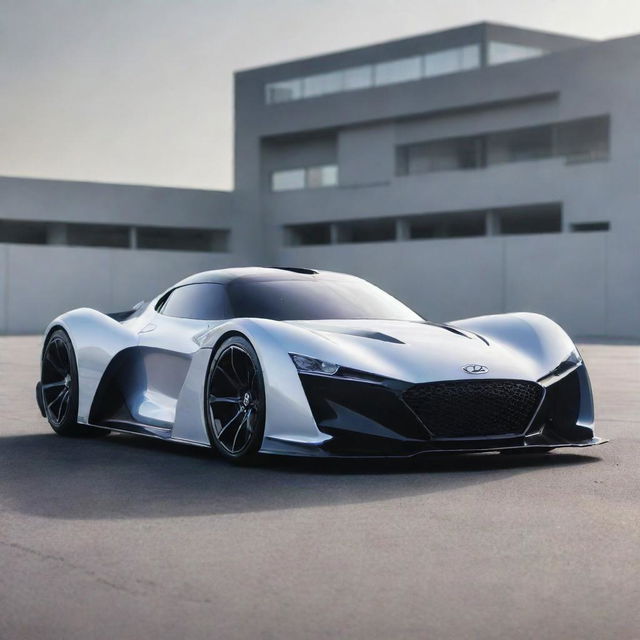 Merge the modern aesthetics of a Hyundai sportscar with the aggressive design and force of a Devel Sixteen