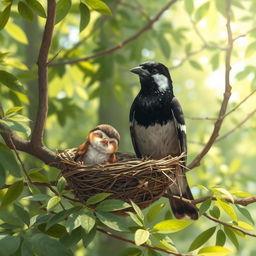 A delicate scene in a tranquil forest setting, depicting a fainting sparrow