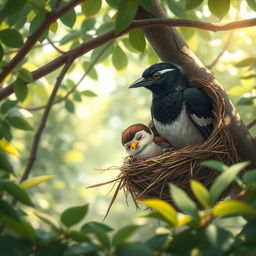 A delicate scene in a tranquil forest setting, depicting a fainting sparrow