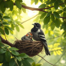 A delicate scene in a tranquil forest setting, depicting a fainting sparrow