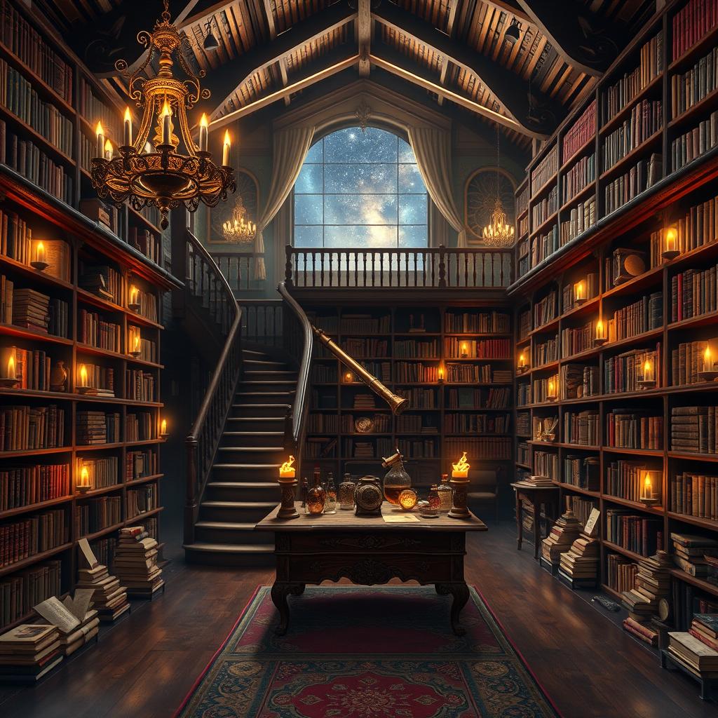 A magical library designed for display on a PC screen, filled with ancient tomes, glowing scrolls, and floating magical artifacts