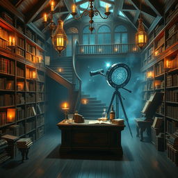 A magical library designed for display on a PC screen, filled with ancient tomes, glowing scrolls, and floating magical artifacts