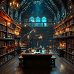 A magical library designed for display on a PC screen, filled with ancient tomes, glowing scrolls, and floating magical artifacts