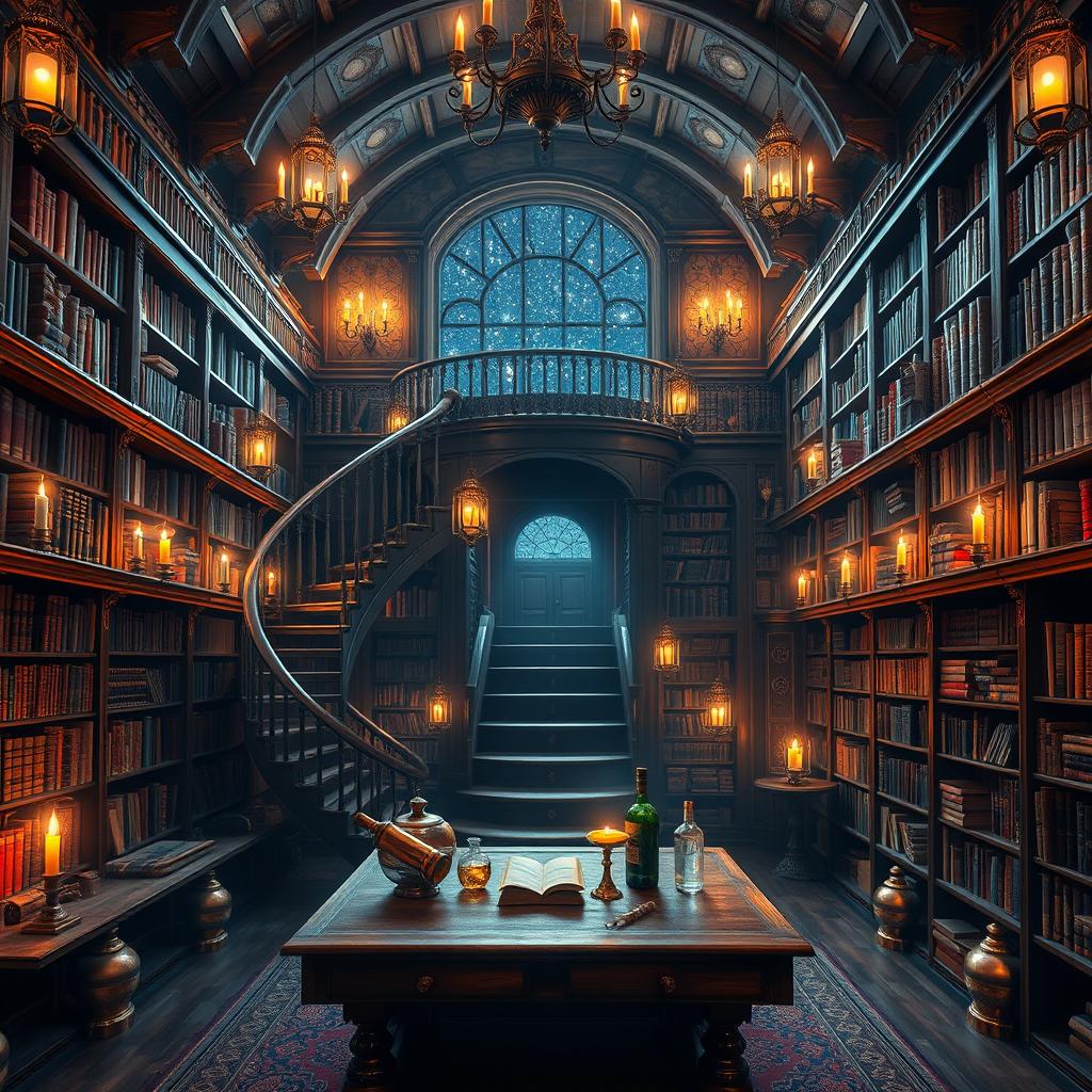 A magical library designed for display on a PC screen, filled with ancient tomes, glowing scrolls, and floating magical artifacts