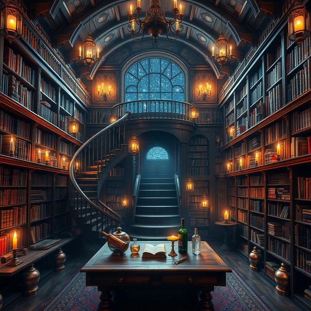 A magical library designed for display on a PC screen, filled with ancient tomes, glowing scrolls, and floating magical artifacts