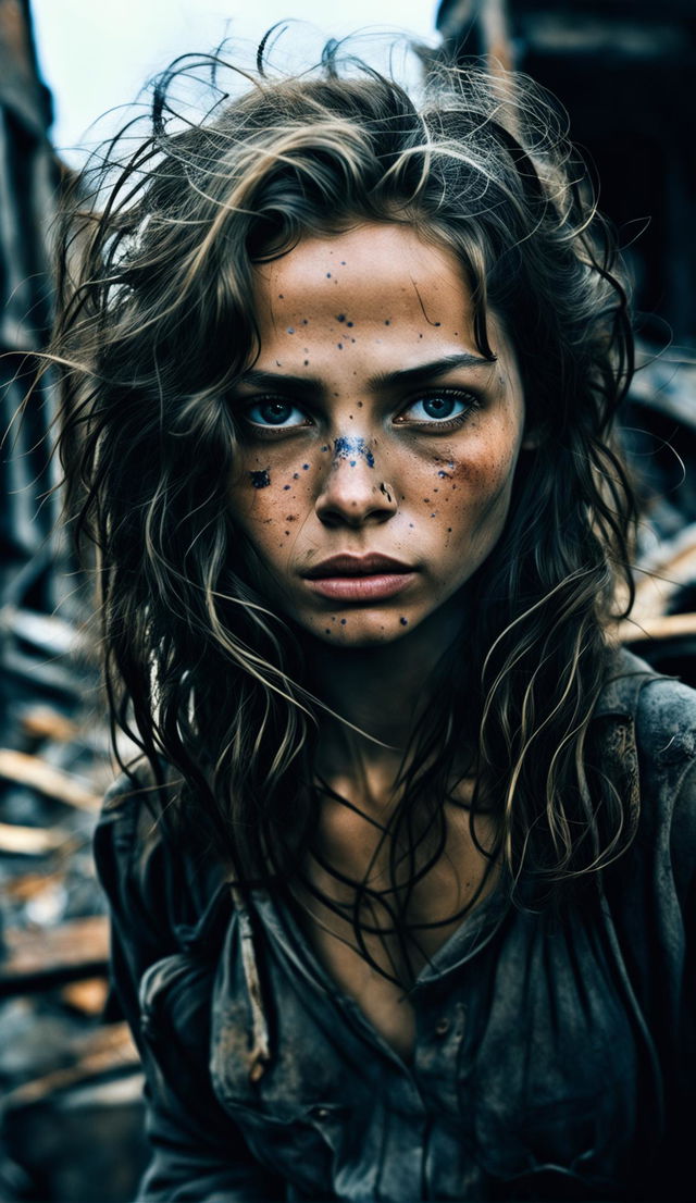 16k resolution photograph of a sad 23-year-old woman with blue irises and large pupils against a war-torn background. Her thick messy hair frames her symmetrical face under low light. A James Nachtwey style capture.