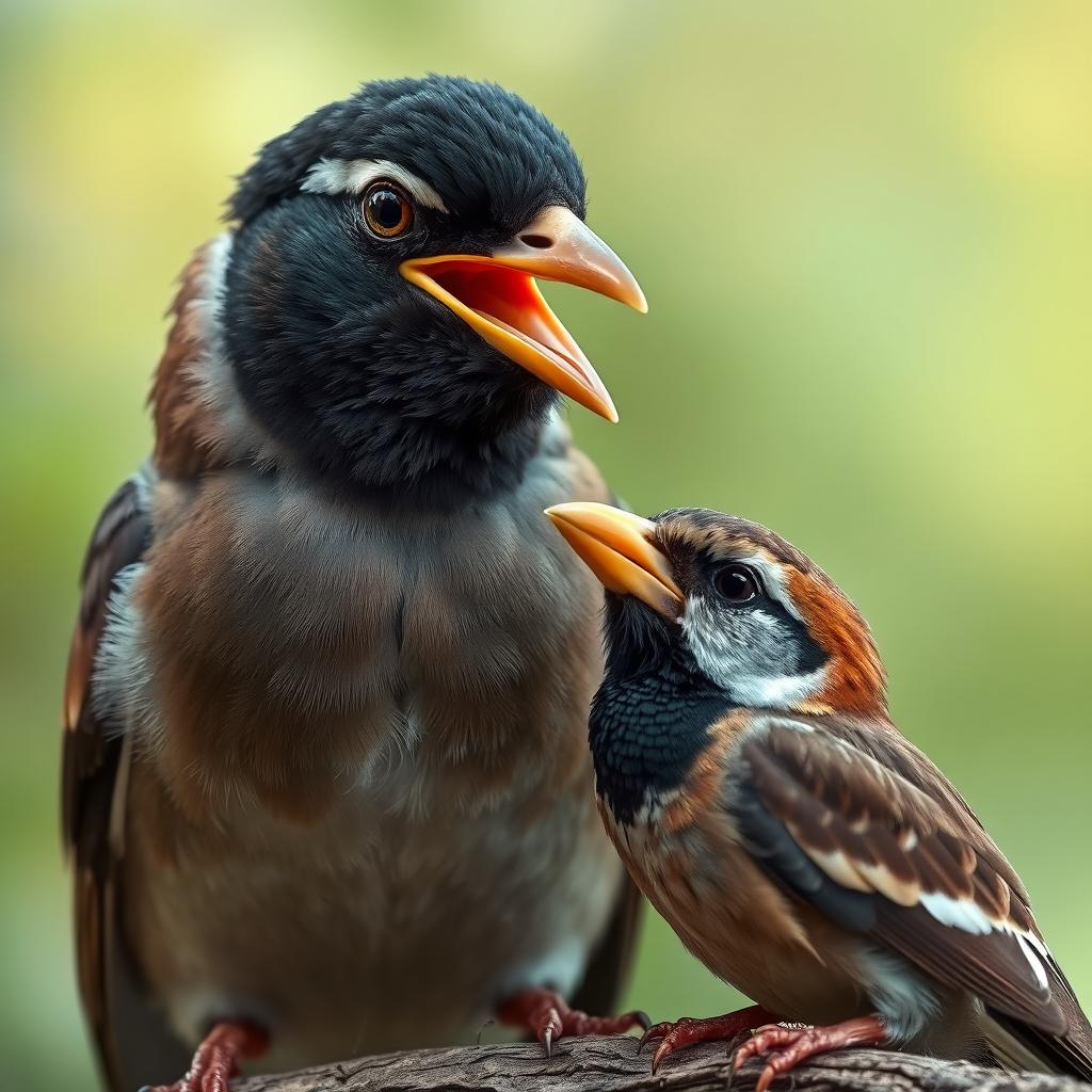 A myna bird with a sense of slyness and joy on its face is seen taking a golden beak from an unconscious sparrow and placing it onto its own beak