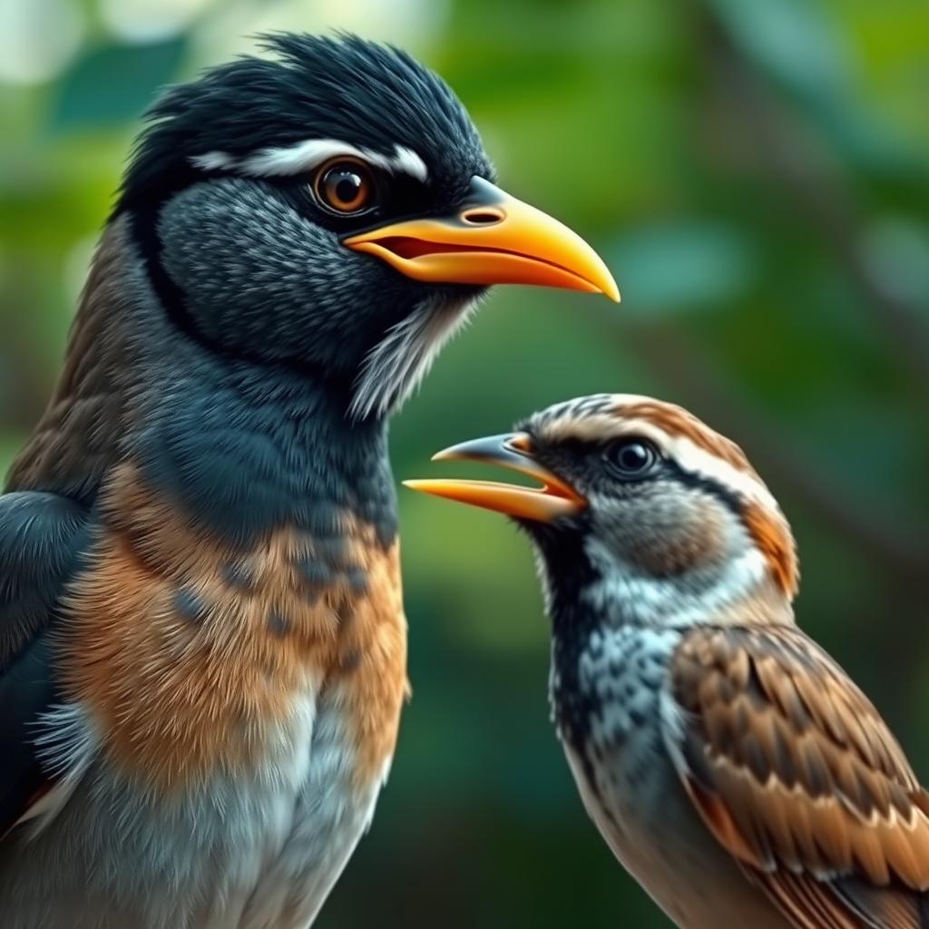 A myna bird with a sense of slyness and joy on its face is seen taking a golden beak from an unconscious sparrow and placing it onto its own beak