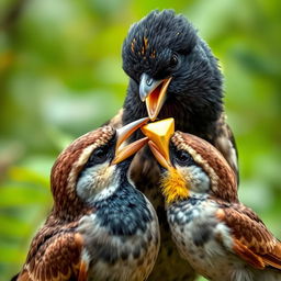 A myna bird with a sense of slyness and joy on its face is seen taking a golden beak from an unconscious sparrow and placing it onto its own beak