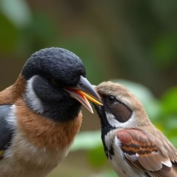 A myna bird with a sense of slyness and joy on its face is seen taking a golden beak from an unconscious sparrow and placing it onto its own beak