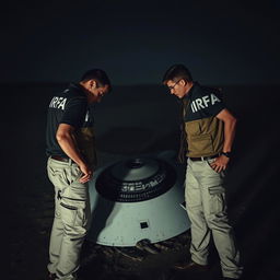 Two investigators examining a crashed UFO in a desolate landscape