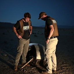 Two investigators examining a crashed UFO in a desolate landscape