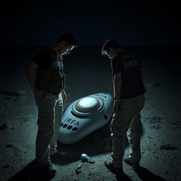 Two investigators examining a crashed UFO in a desolate landscape