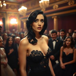 A beautiful actress with black hair entering the theater stage, dressed in a classic sexy black dress featuring lace and plunging necklines, with a startled expression