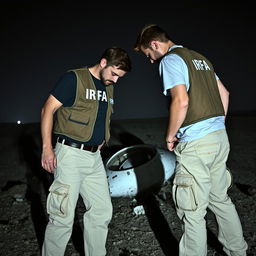 Two investigators examining a crashed UFO in a desolate landscape