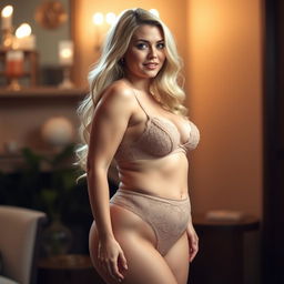 A curvy blonde woman with long, flowing hair wearing elegant, lacy lingerie