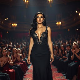 A beautiful actress with black hair entering the theater stage, dressed in a full-length classic sexy black dress with lace and plunging necklines, her face showing a startled expression