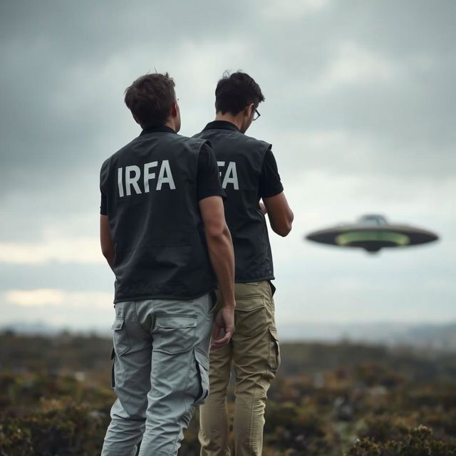 Two investigators analyzing a crashed UFO, wearing investigation vests with "IRFA" written in white letters on the back, cream-colored pants with pockets