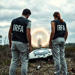 Two investigators analyzing a crashed UFO, wearing investigation vests with "IRFA" written in white letters on the back, cream-colored pants with pockets