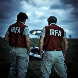 Two investigators analyzing a crashed UFO, wearing investigation vests with "IRFA" written in white letters on the back, cream-colored pants with pockets