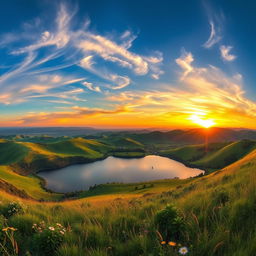 a wide, panoramic scene that is perfect for a computer wallpaper, showcasing a serene landscape with rolling hills, a vibrant sunset casting golden hues across the sky, and wispy clouds drifting gently above