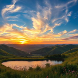 a wide, panoramic scene that is perfect for a computer wallpaper, showcasing a serene landscape with rolling hills, a vibrant sunset casting golden hues across the sky, and wispy clouds drifting gently above