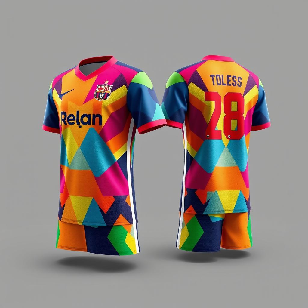 A vibrant and colorful football jersey, featuring a unique and modern design with geometric patterns and team colors