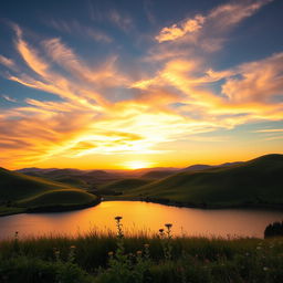 a wide, panoramic scene that is perfect for a computer wallpaper, showcasing a serene landscape with rolling hills, a vibrant sunset casting golden hues across the sky, and wispy clouds drifting gently above