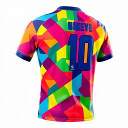 A vibrant and colorful football jersey, featuring a unique and modern design with geometric patterns and team colors